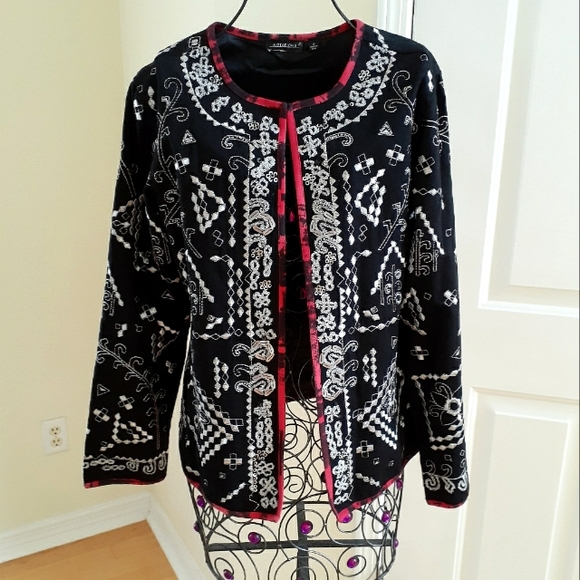 Notations Cotton Jacket Cardigan Silver Embroidery Beads Size S Black Red Artsy - Picture 1 of 17